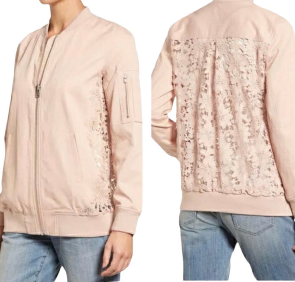 Chelsea28 Pink Lace Back Bomber Jacket Valentine